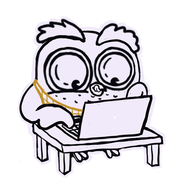 Hootley the owl mascot working at a laptop